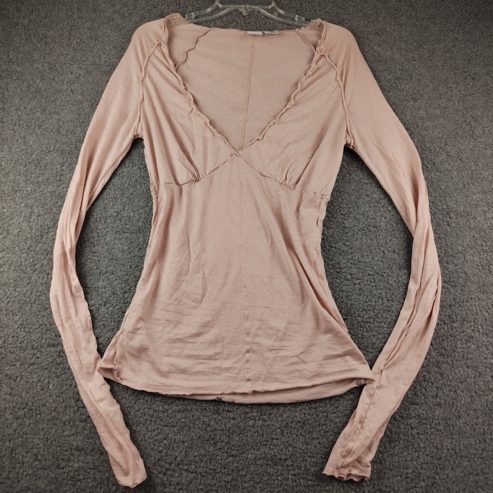 Armani Exchange Top Sz Large Pink V-Neck Ruffle Long Sleeve Cotton Stretch Sheer